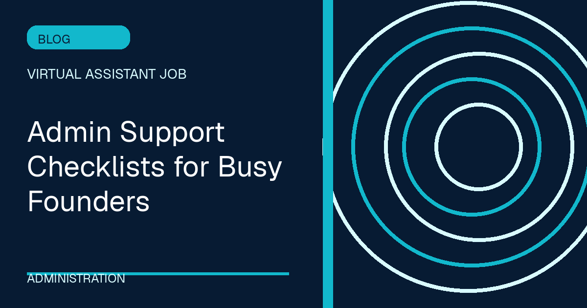 Admin Support Checklists for Busy Founders illustrated with orbit shapes in the navy-cyan palette