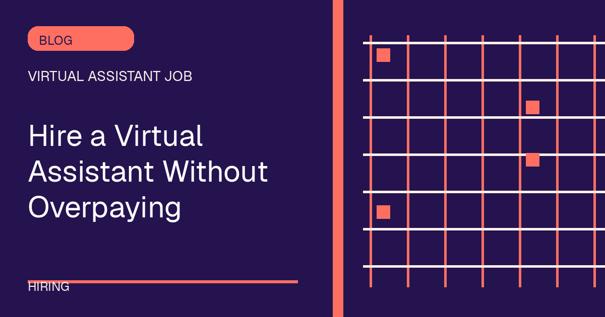 Hire a Virtual Assistant Without Overpaying illustrated with grid shapes in the indigo-coral palette