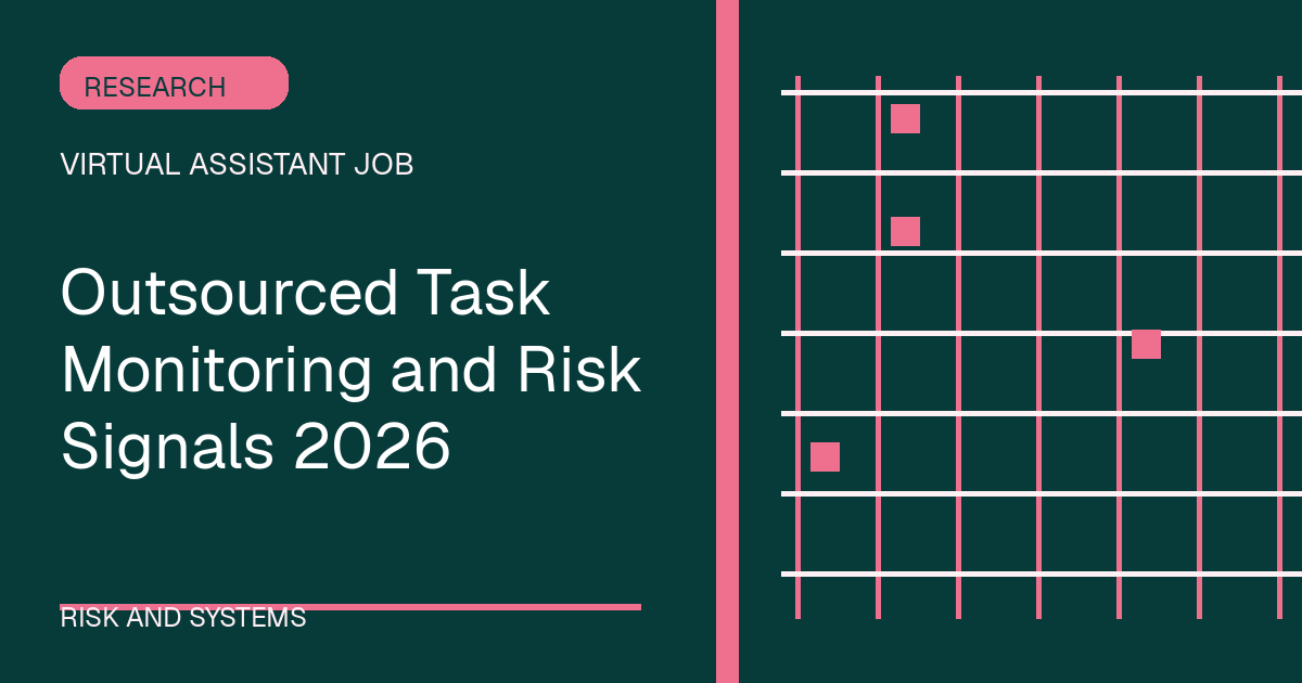 Outsourced Task Monitoring and Risk Signals 2026 illustrated with grid shapes in the teal-rose palette