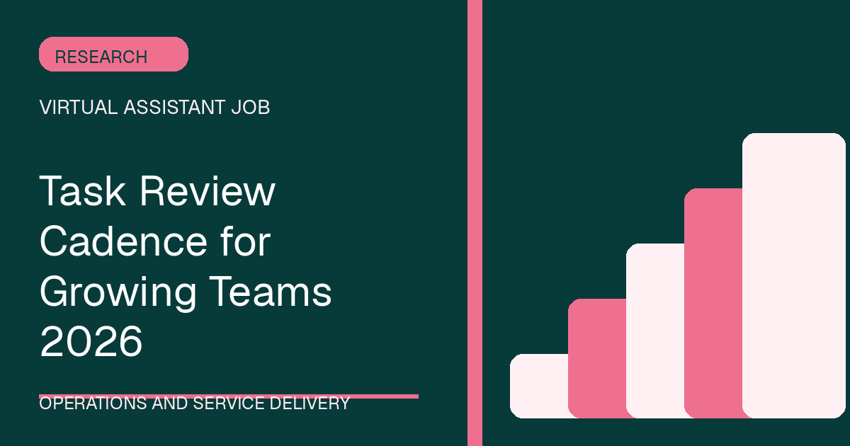 Task Review Cadence for Growing Teams 2026 illustrated with steps shapes in the teal-rose palette