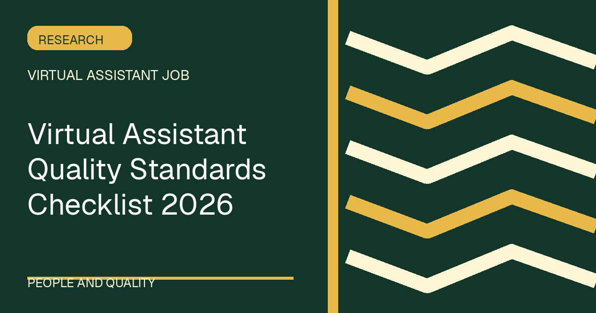 Virtual Assistant Quality Standards Checklist 2026 illustrated with ribbons shapes in the forest-gold palette